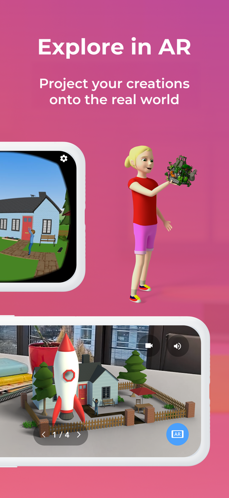 A 3D character and a rocket model projected into the real world using the Delightex Edu AR feature