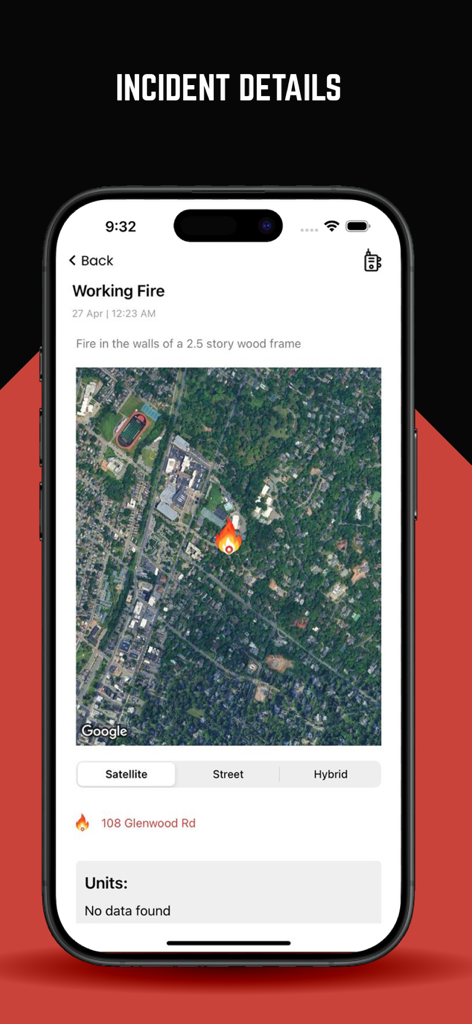 Screenshot of The Fire Wire App displaying incident details for a working fire with a satellite map view