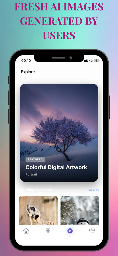ArtAIアプリのエクスプローラー画面。雪景色やトレンドのデジタルアートワークを含むユーザー生成画像を表示。