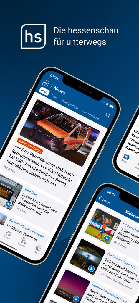 Écrans de smartphone affichant l'interface de l'application de nouvelles régionales allemandes hessenschau avec des titres et des informations locales.