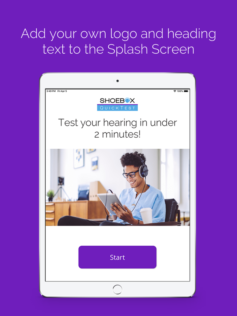 iPad showing the SHOEBOX QuickTest app splash screen with customizable logo and text options for hearing screenings