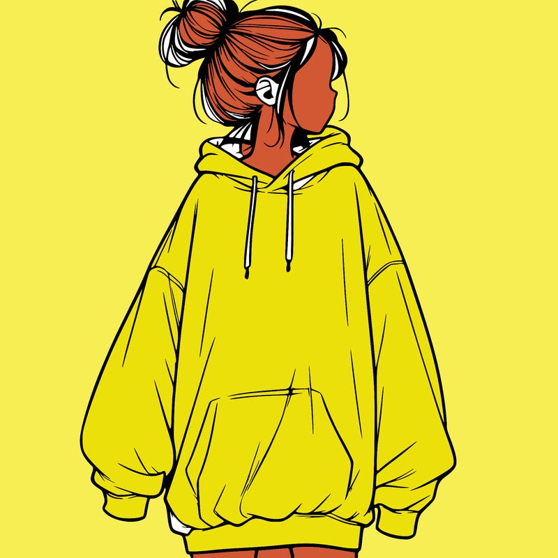 realistic girl with a oversized sweatshirt on and a bun