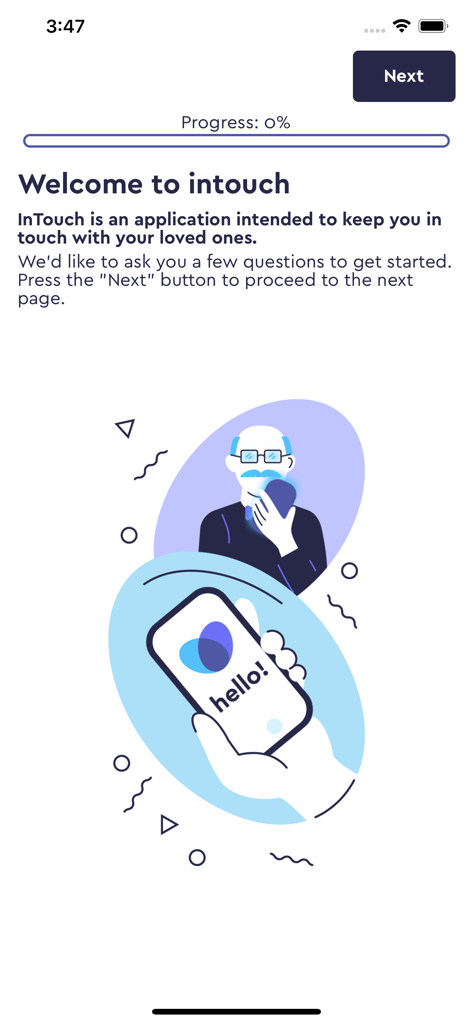 Der Willkommens- und Onboarding-Bildschirm der Intouch-App mit einer freundlichen Illustration.