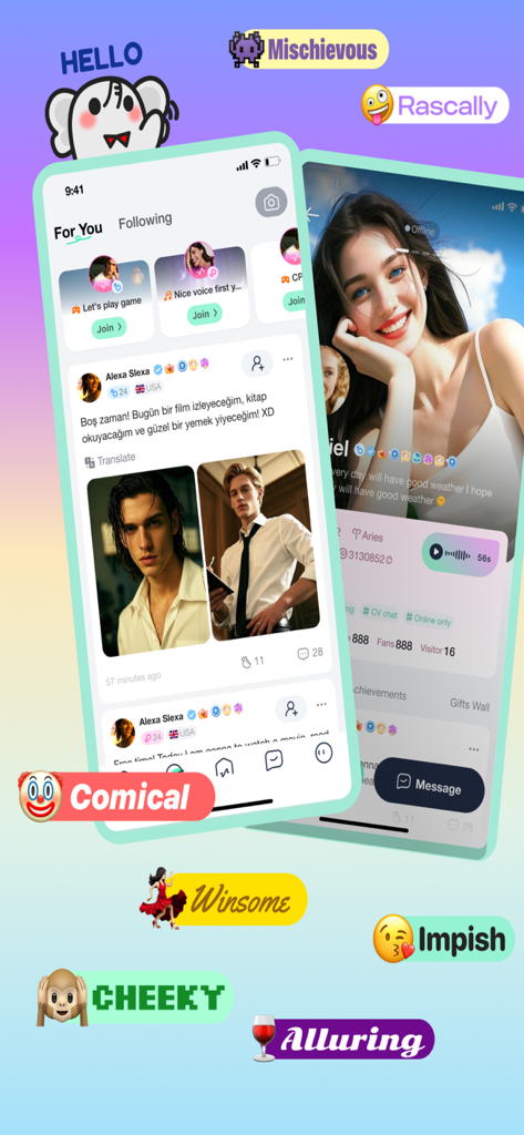 Interfaz de la app Sona mostrando un feed de descubrimiento social y un perfil de usuario personalizado con etiquetas de personalidad.