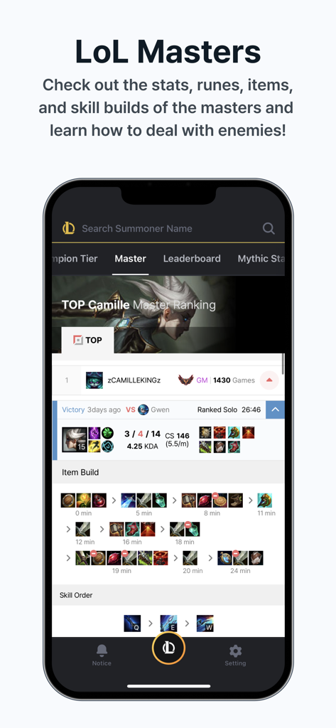 DAK.GG app interface showing League of Legends player rankings and item build details