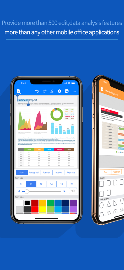POLARIS Office for BlackBerry app interface showing business report editing and data analysis tools on a smartphone.