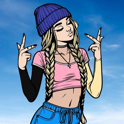 realistic teenage girl with braids and a beanie and crop top doing 🫶🏼