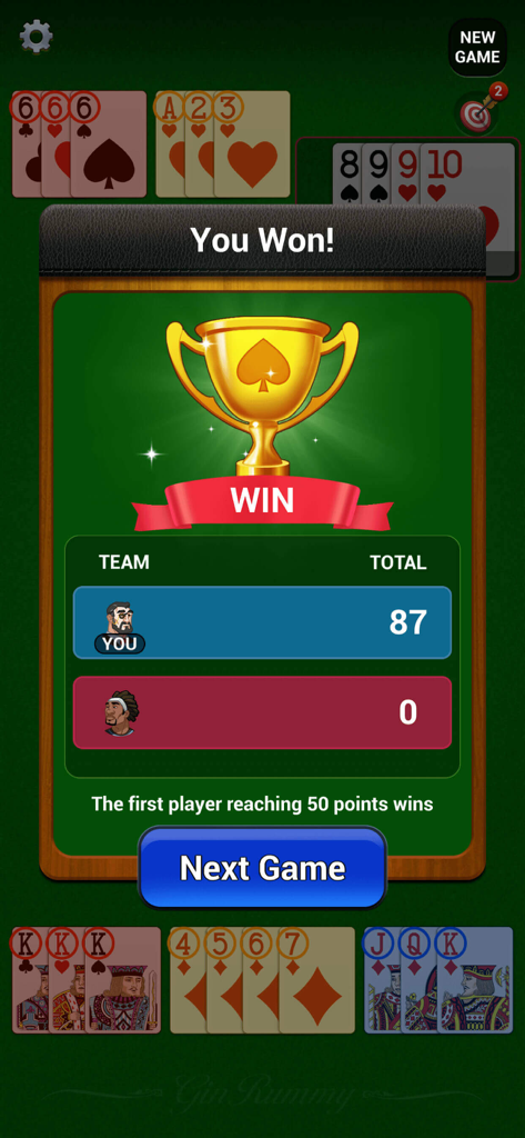 Pantalla de victoria de Gin Rummy Classic Card mostrando un trofeo de oro y la puntuación del partido