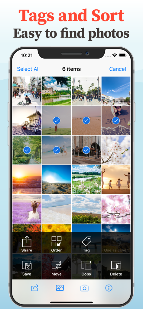 Interface of MyPics app showing photo selection with options to tag sort move and copy images