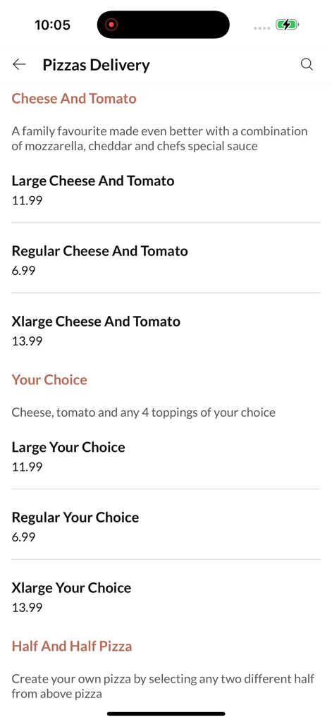 Caspian Pizza. - Caspian Pizza mobile App Menü mit Optionen und Preisen für Käse- und Tomatenpizza