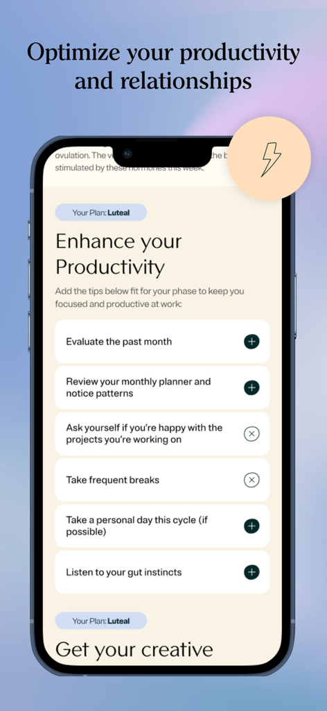 MyFlo® Period Tracker Calendar - MyFlo app interface displaying productivity tips tailored for the luteal phase of the menstrual cycle