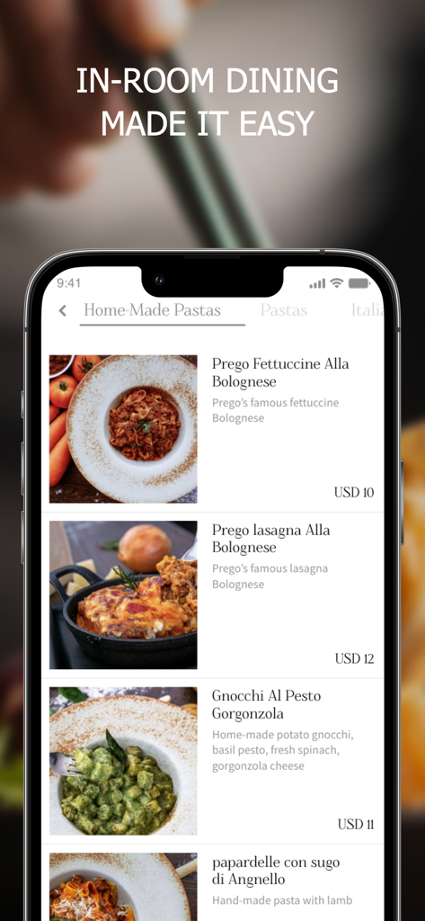 ONYX Rewards - In-room dining menu on the ONYX Rewards app featuring homemade pasta dishes with prices