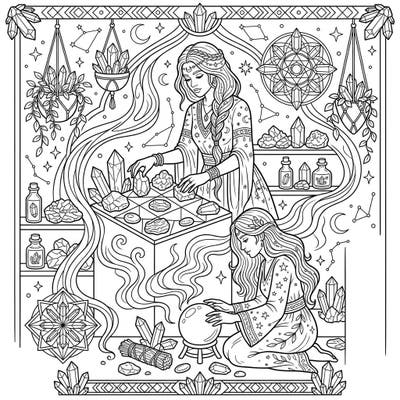 Step into a world of magic with this captivating Crystal Witches bookmark coloring page, featuring two powerful spellcasters surrounded by an array of precious gems. Perfect for adult and teen colorists, this intricate design offers a delightful escape into mystical arts and crystal healing.