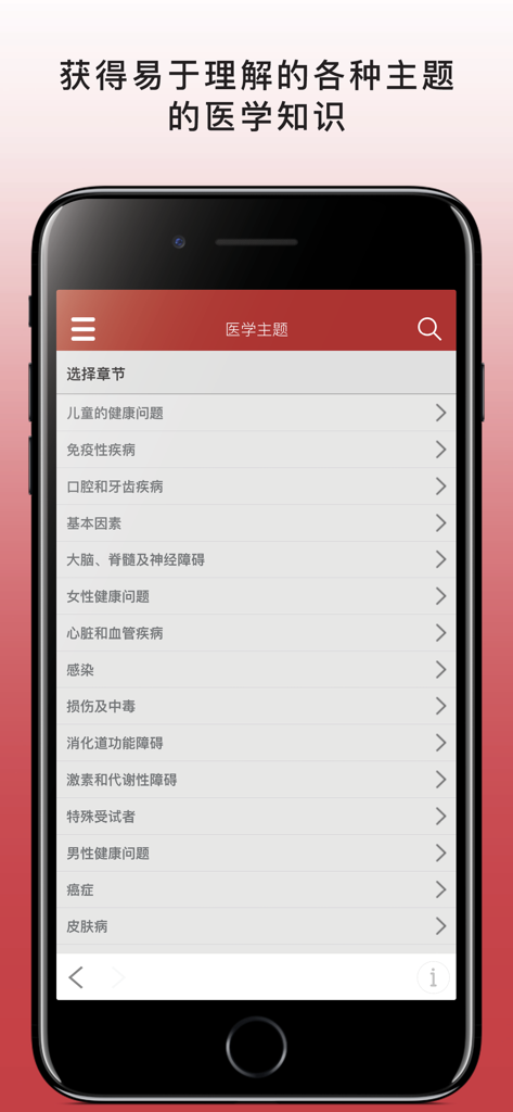 A smartphone showing the Merck Manual consumer version app with a list of medical chapters in Chinese.