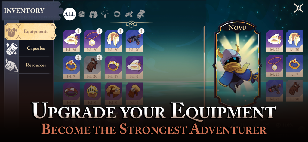 Écran d'inventaire du RPG roguelike Endless Wander montrant les améliorations d'équipement et le personnage Novu