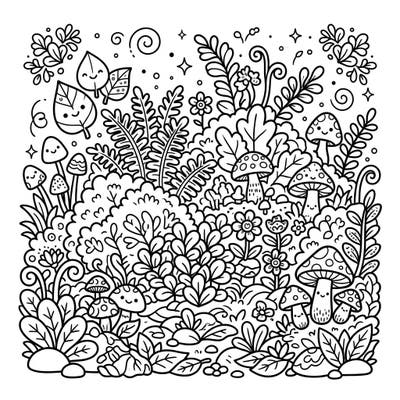 Explore a delightful Kawaii forest undergrowth, teeming with charming plants, friendly mushrooms, and cheerful leaves. This adorable scene is perfect for bringing a touch of cuteness to your coloring experience.