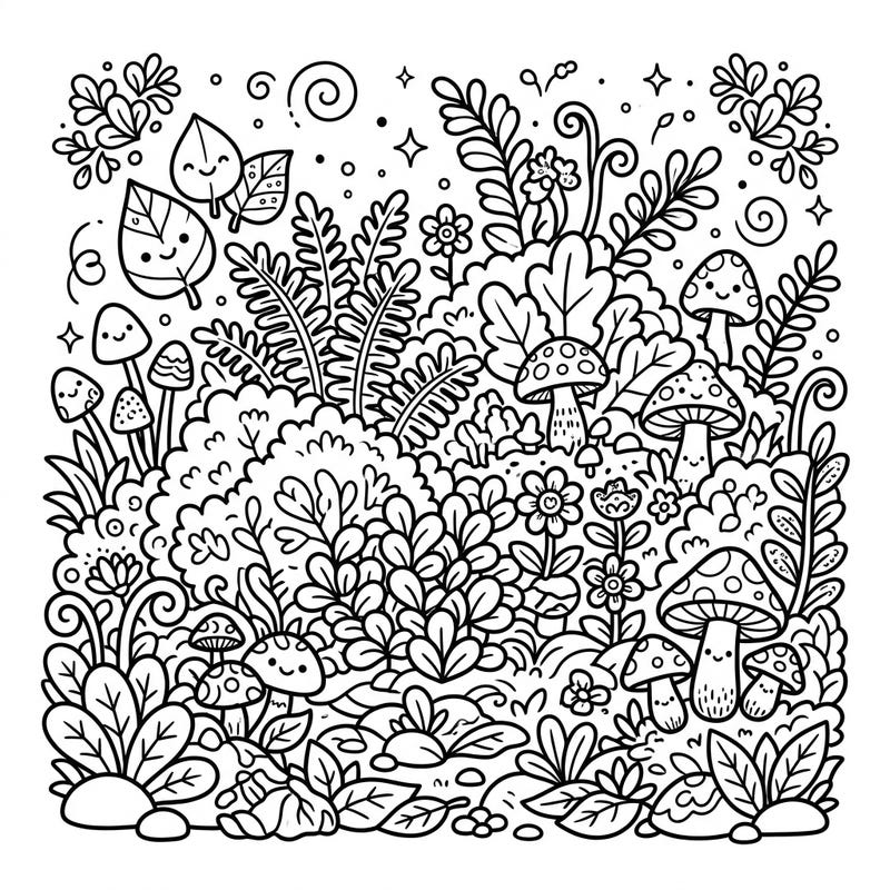 Explore a delightful Kawaii forest undergrowth, teeming with charming plants, friendly mushrooms, and cheerful leaves. This adorable scene is perfect for bringing a touch of cuteness to your coloring experience.