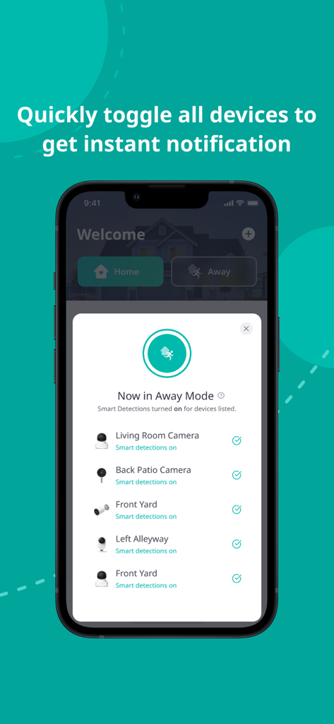 YI Home - YI Home app screen showing Away Mode activated for multiple indoor and outdoor security cameras