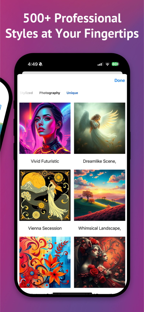 AI Image Maker Pro: Fast & Fun - A menu showing various AI art styles like Vivid Futuristic and Dreamlike Scene within the AI Image Maker Pro app