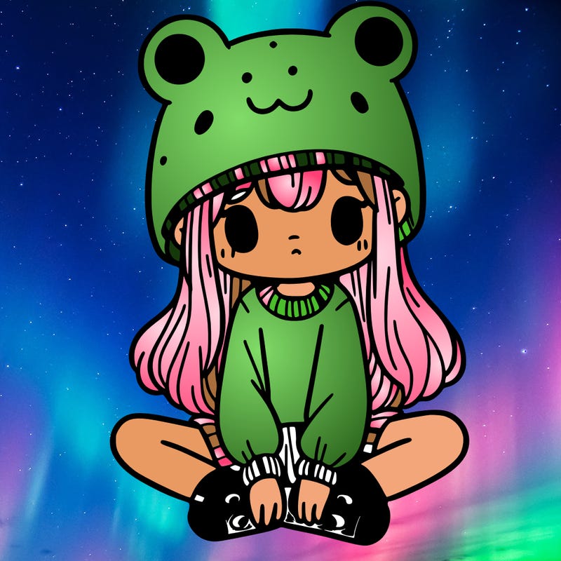 a girl wearing a frog hat and some frog socks