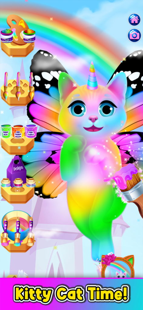 A colorful rainbow kitty cat with butterfly wings and a unicorn horn being styled with virtual art tools in a pet makeover game.