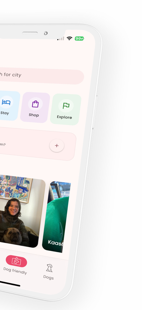 GoDusty - GoDusty app screen showing categories for dog friendly stays and shops with community photos