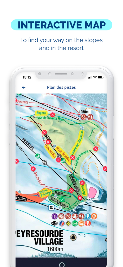 Interactive ski slope map of Peyresourde Village shown on the NPY mobile app