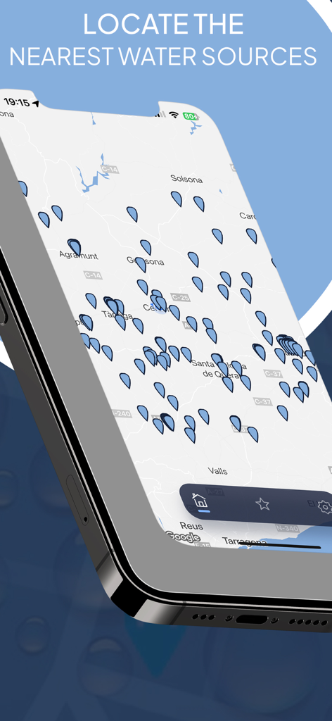AquaFinder - AquaFinder App-Bildschirm zeigt eine Karte mit zahlreichen blauen Pins, die auf nahegelegene Trinkwasserstellen hinweisen