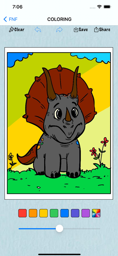 Coloring Book for Horror Anime - Una interfaz de libro para colorear digital que muestra una página de dinosaurio triceratops de dibujos animados coloreado en un campo verde