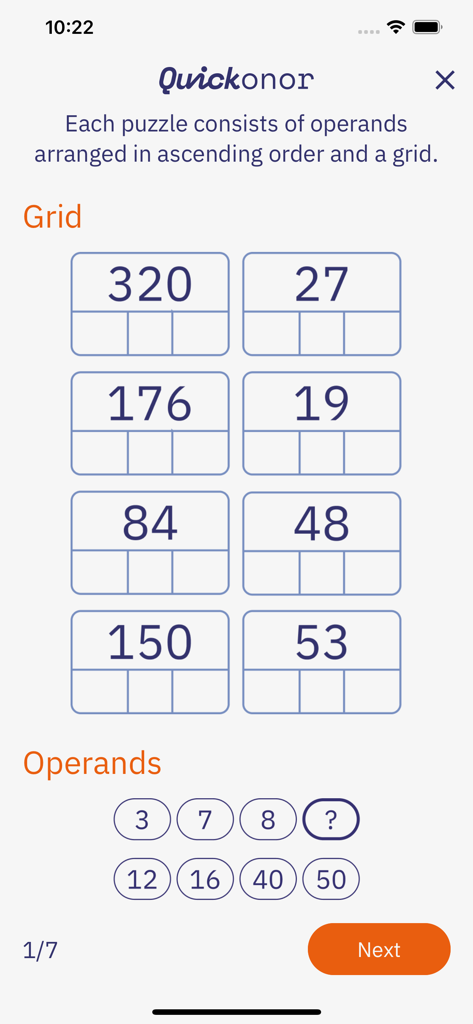 Quickonor by Tetonor - Quickonor math logic puzzle interface featuring a numeric grid and selectable operands for brain training