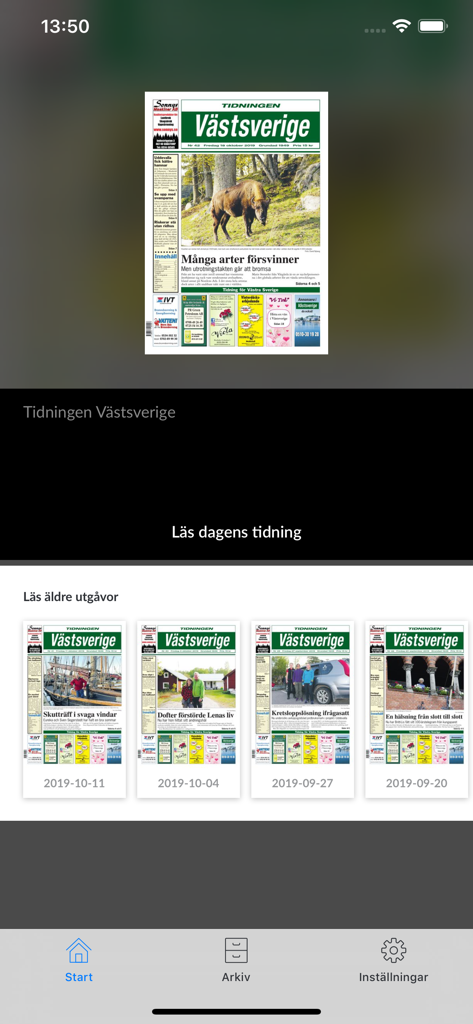 Tela inicial do aplicativo Tidningen Vastsverige com arquivo digital e edição atual