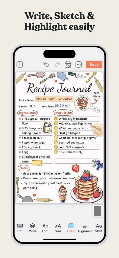 Planner, Journal, To-Do List - PlanWiz app interface showing a creative recipe journal page with stickers and illustrations