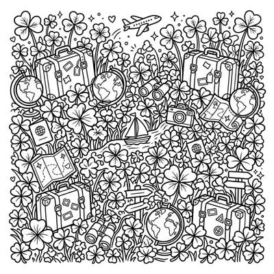 Dive into a whimsical world where lush clover patches meet exciting travel adventures. This intricate coloring page invites you to pack your bags and explore a landscape filled with globes, suitcases, and wanderlust.
