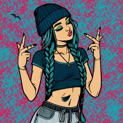 realistic teenage girl with braids and a beanie and crop top doing 🫶🏼