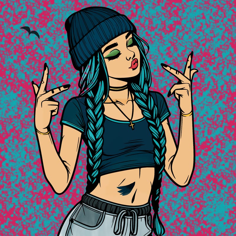 realistic teenage girl with braids and a beanie and crop top doing 🫶🏼