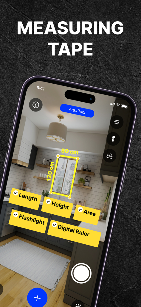 Smartphone app using augmented reality to measure the height and width of a window in a kitchen
