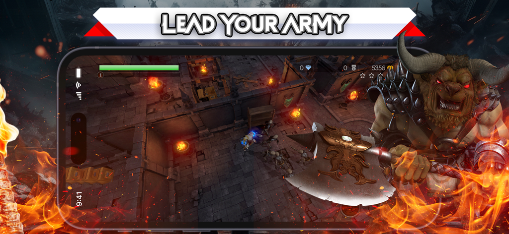 God of Battle Sparta - Gameplay screenshot of God of Battle Sparta showing an isometric dungeon battle against a giant minotaur boss