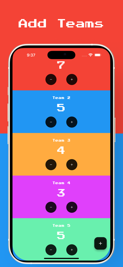 A colorful retro scoreboard interface showing scores for five different teams