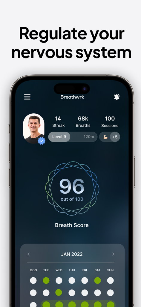 Breathwrk app dashboard showing user breath score and health statistics