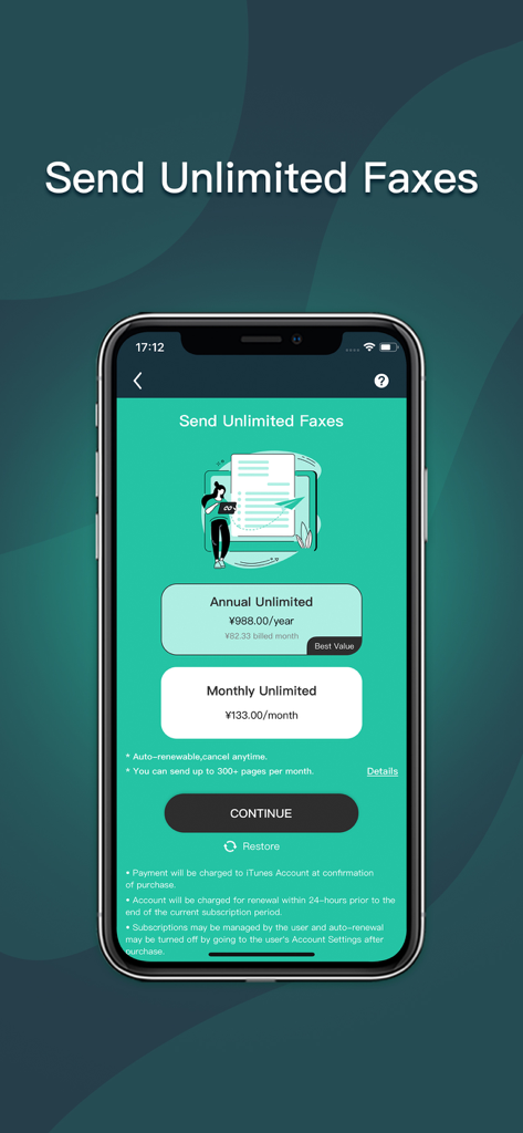 Simple Fax-Send fax from phone - Pantalla de la aplicación móvil Simple Fax que muestra opciones de suscripción de fax ilimitado mensual y anual para profesionales.