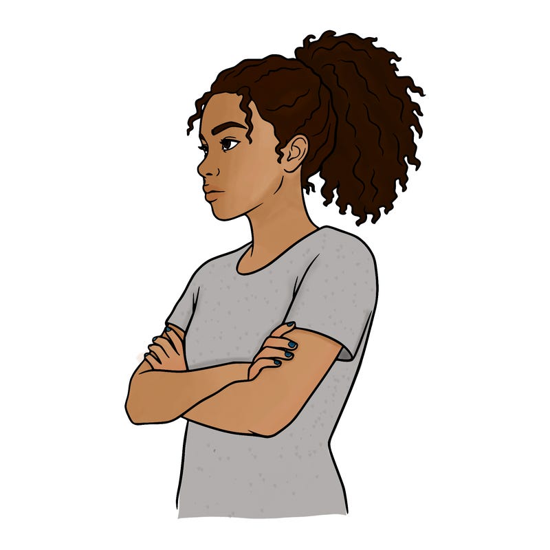 girl with tight curls in a ponytail crossing her arms not shower her legs