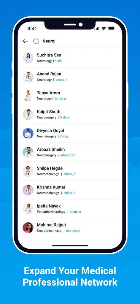 Medroll - Medical Network - A search results screen in the Medroll app displaying various neurology medical specialists
