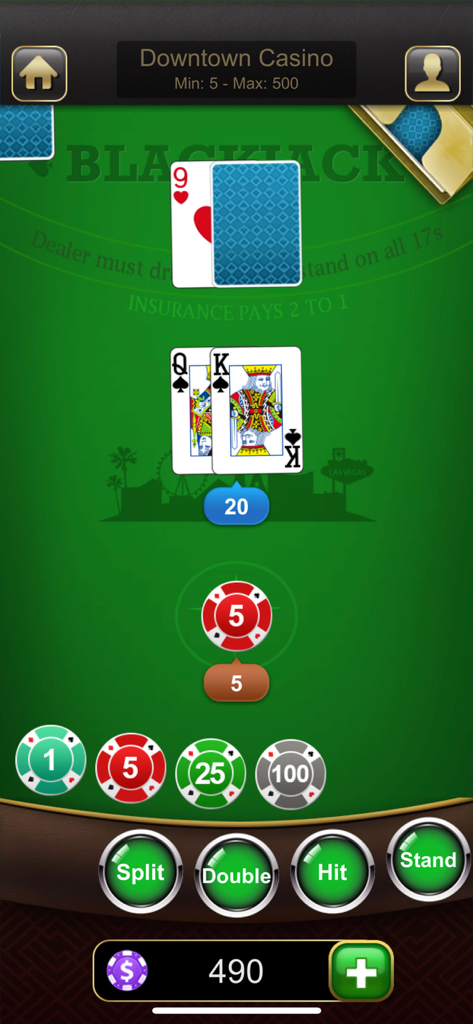 Classic blackjack mobile game interface with large playing cards and betting chips on a green casino table.