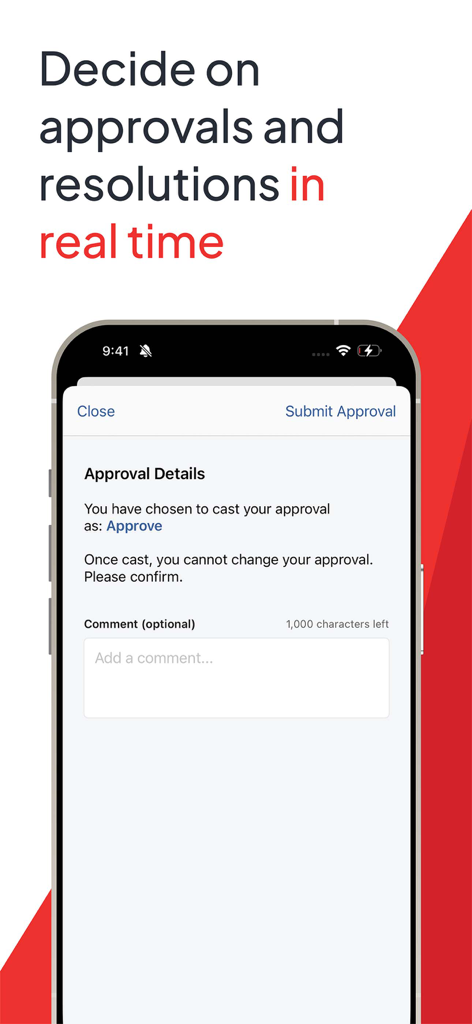 Interface of the Diligent Boards app showing a real-time approval and voting screen for corporate directors.