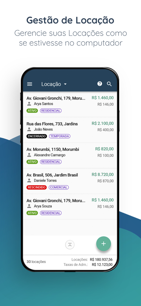 Imobzi mobile app screen showing real estate rental management and property listings
