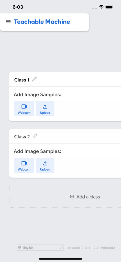 Interface do aplicativo móvel Teachable Machine para treinar modelos de machine learning com amostras de imagem
