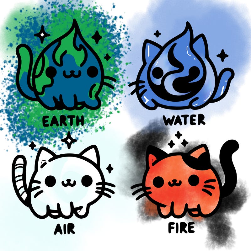 4 cats that represent the different elements, earth, water, air, and fire
