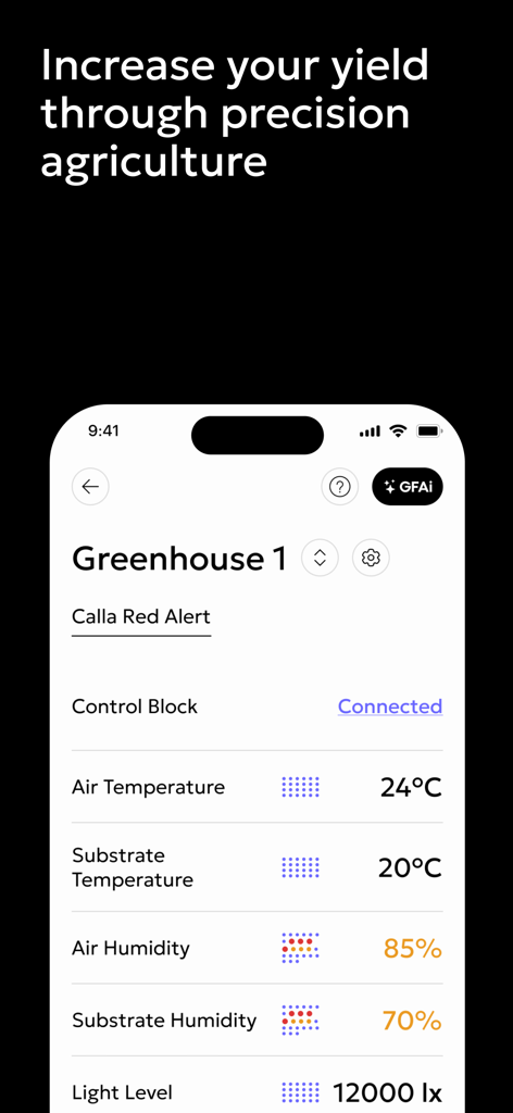 Gros.farm - El panel de la aplicación Gros.farm que muestra datos en tiempo real del invernadero, incluida la temperatura del aire, la humedad y los niveles de luz para la agricultura de precisión.