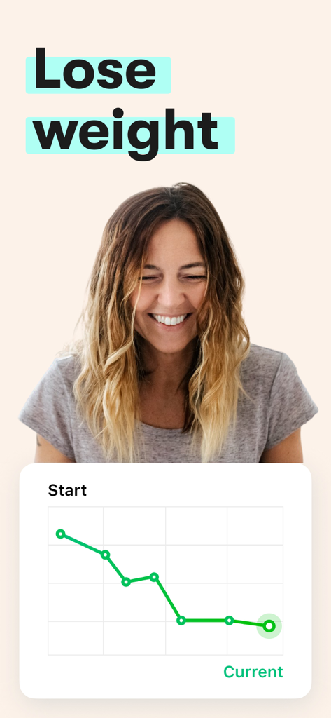 Smiling woman with a weight loss progress graph showing a downward trend from start to current