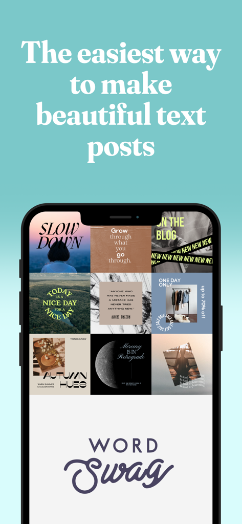 Word Swag - Cool Fonts - Word Swag app interface displaying a grid of creative social media text designs on a smartphone